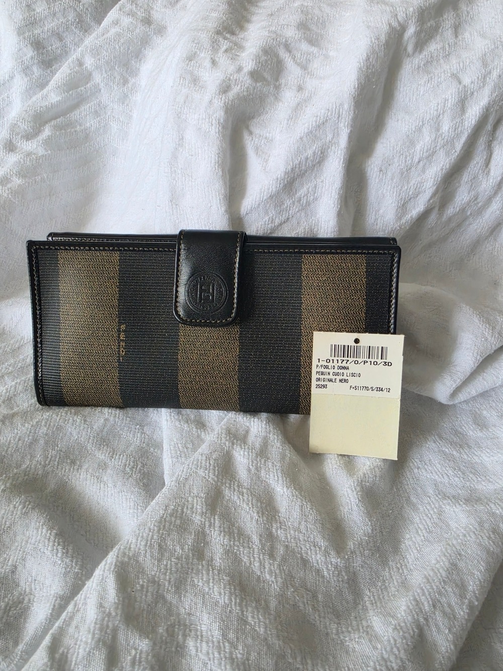 Vintage Fendi Roma Striped Canvas Leather Long Wallet Continental Brown Black